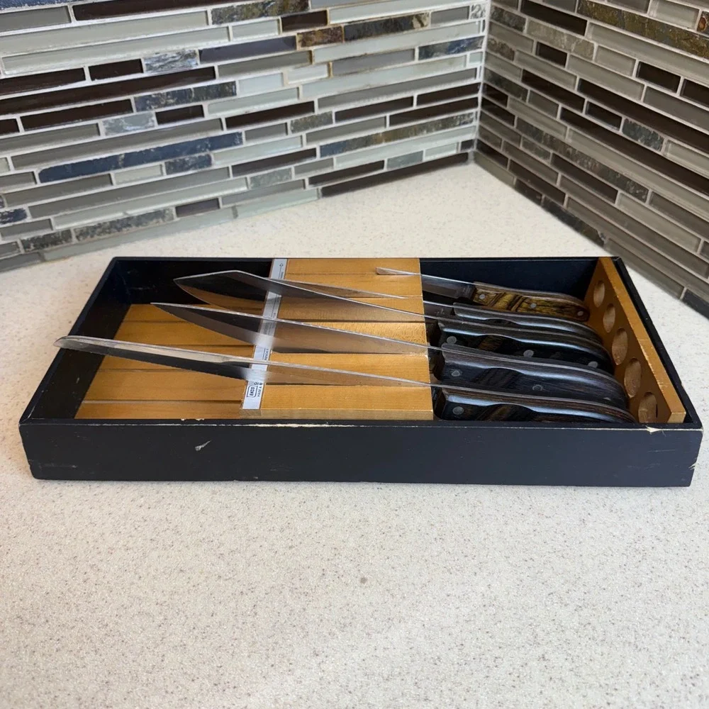 Vintage 1960s Ekco Arrowhead Knife Set 5 Piece Wood Handle USA Maple Wall Holder